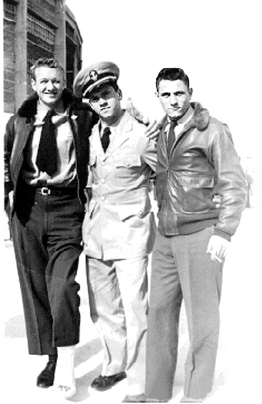Vic Manafee (12-47), Bud Goehring, and unknown Mexico City 1947. “Too crippled to play but just right to travel. Anything to get out of battalion sports and military drill.”  “All three of us were on the binnacle list for various injuries sustained while playing for the ‘Pensacola Goslings’ football team. The picture was taken outside the bull fighting (I use the term loosely since the poor bulls never have a chance) stadium sometime after the game with the University of Mexico.”