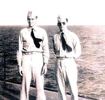 Bernard C. Jongewaard (left) and Oel L. Futrell    after carrier quals      (photograph from L. O. “Buz” Warfield)