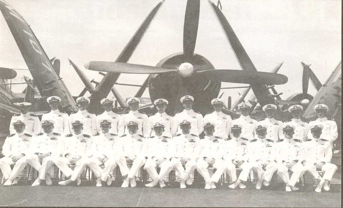 VF-23 and it’s F4U-5s on the USS Coral Sea (CVB-43 – 1945.  Bill Conklin is 5th from left in back row.