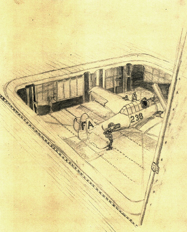 drawing by Lou Ives  SNJ in forward elevator  SNJ in forward elevator – USS Wright (CVL-49)  March 1948