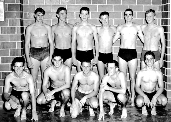 standing (left to right): 	Cadets VanNatter, McClure, Charlie Brown*, Johnnie Lindgren, Ravis, Bob Smyth*  kneeling (left to right):	Cadets Schmitz, Lou Ives* Coble, Buck, Greisen    ( the meet and a 48 hour liberty in the city).    *went AvMid’n December 16, 1946. Got wings June 24, 1948        October 1, 1946