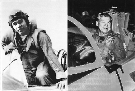 Gillespie in an SNJ-6 at North Whiting Field, Florida, as a midshipman, March 1949; and in November 1997, in a T-2C Buckeye. Gillespie attended the Navy's Test Pilot School at Patuxent River, Maryland, became a civilian test pilot and commanded a Reserve A-4 squadron.