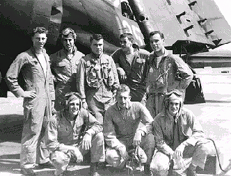 standing, left to right:	Bob Aumack (Blue Angel), Ralph Tvede, CAPT B. J. Frankovic, Bob Ceremsak, and Bud Wilkerson.  kneeling, left to right:	Dick Kaufman, Dick Kapp (killed in a Corsair while training in a fleet squadron on the east coast in 1950), and George Strickland (first Mid’n in battle since the War of 1812). NAAS Cabannis Field February 1950