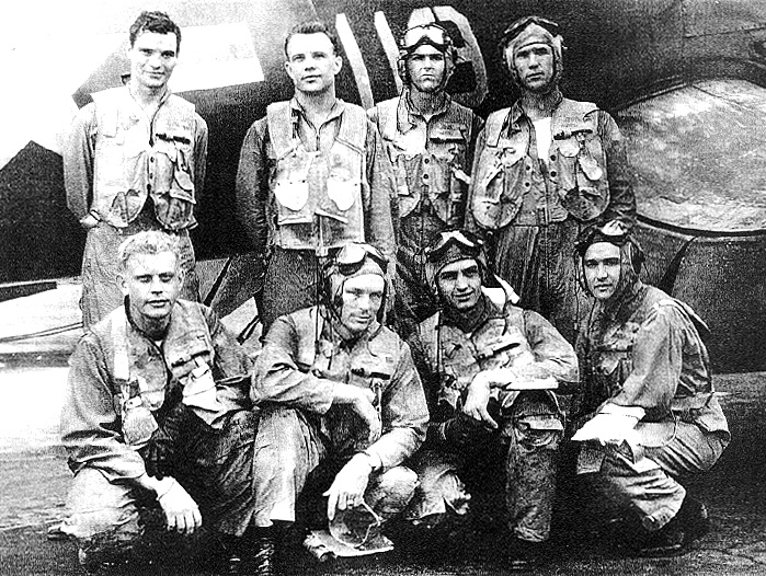 Standing left to right: LT McGraw, USMC, LTjg Frekic, Mid’n Buz Warfield, 1st LT Barry, USMC. Kneeling left to right: LTjg Kasten, Major Shedaker, USMC, Instructor, Mid’n Bob Zajichek, Mid’n Bill Carrozza. Operational Flight Training  F4U-4s, NAS JAX, 1948
