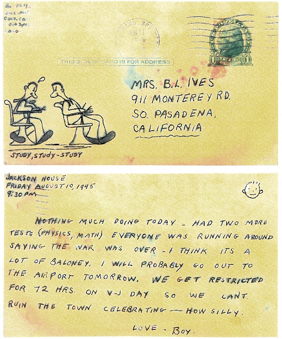 “Letters Home”    (all written to his mother; father was in Philippines)  written from Colorado College