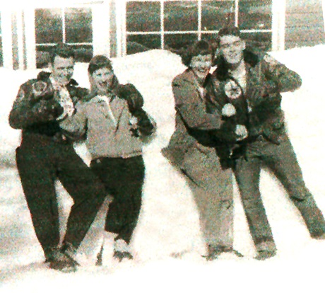left to right: Jerry McCabe, Nellie (fiancé), Charlene Magnioli, and Lou Ives    Skiing at Big Bear Lake, California, between tours.