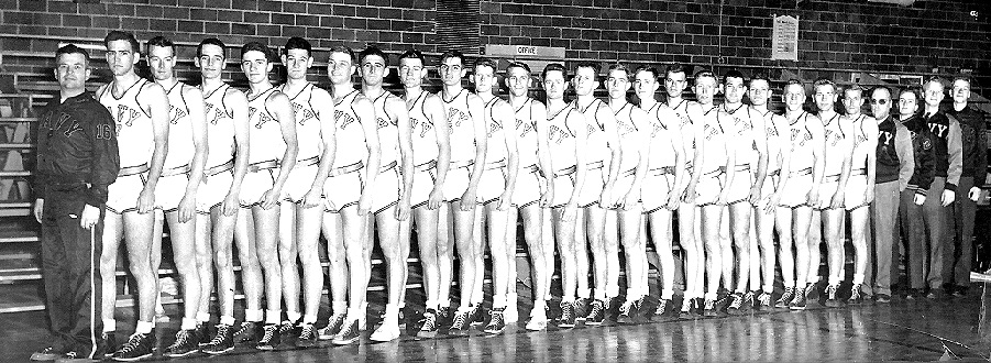 Members of the team listed as follows in the order that they are in the team picture. This is not the normal team picture but has everyone in a row according to the height of the players. Coach LT L. B. Shafland, Powell, Jones, Foster, Woodbury, Savay, Whitten, Lemer, Cheshire, Petty, Doll, Bray, McCurdy, LT Perkins, Youngstrom, Havek, Van Schoonhoven, Killian, Epperson, Abernathy, Johnson, Brickson, LTjg Santii, "Mac" (trainer), McHenry (Mgr), Johnny (trainer) and Robish (Mgr).
