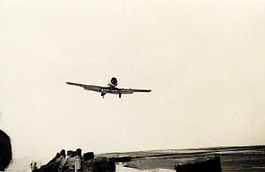SNJ ready to land aboard the USS Wright (CVL-49)
