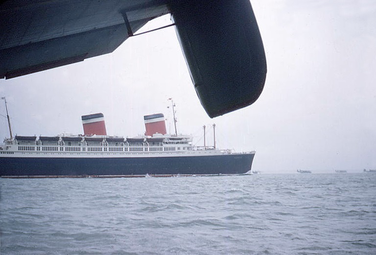 Ocean Liner SS America Departing Southampton water for New York City (as seen by the buoy watch in EA-1 afterstation. Note other PBMs in the distance)