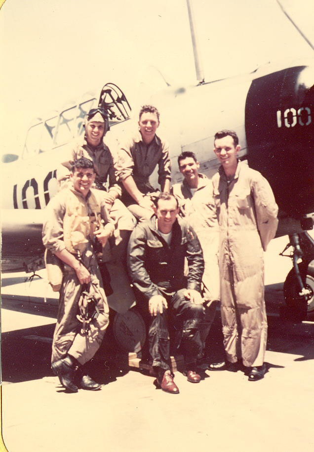 Here’s a shot of Flight 63. clockwise from left: Llewelyn, Lawrence, Leue, Schultz, Wilbur,   and our instructor, LTjg Dakin (in the green suit)      1st Squadron: Patrol Squadron FORTY-NINE (VP-49)     NAS Norfolk, Virginia  1949