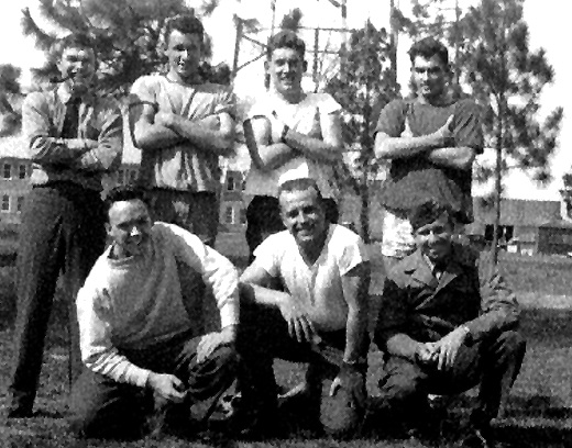 “Some of the boys.”        top row: 	Meyers, Bob Holden, Muter, and Howard Phillips  bottom row: 	Bob Hamilton, Coe Anderson, and Sport Horton    Saufley Field    1948