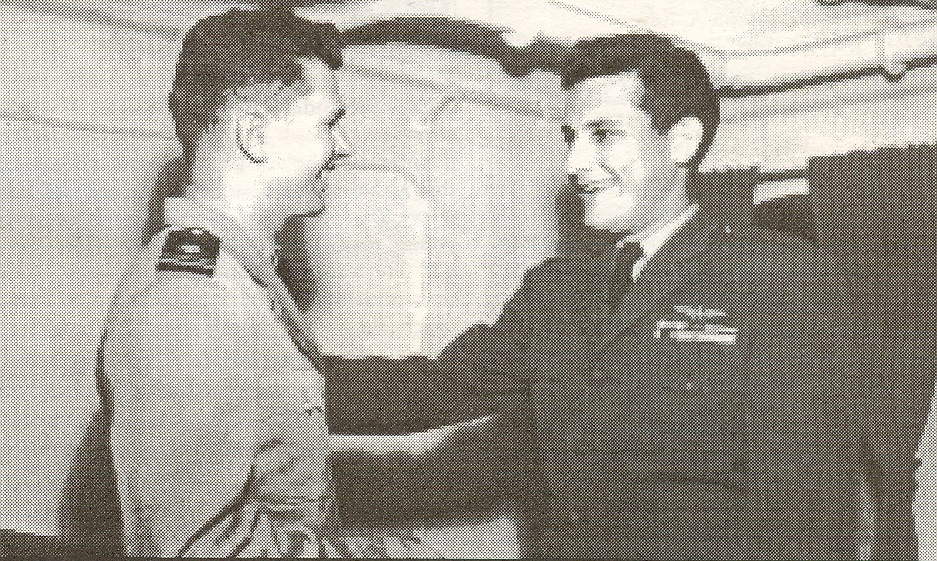 FMA LOG summer 2001  San Diego, June 1952.  Aboard the USS Valley Forge just returned from Korea; C.O.’s cabin.  Ken Schechter greets his buddy and “Guiding Voice” Howie Thayer.  