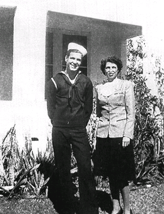 “Salty” Bob Abels with his mother,“Fresh out of Boot Camp at Bainbridge, Maryland.”  (photograph taken in Miami, Florida)