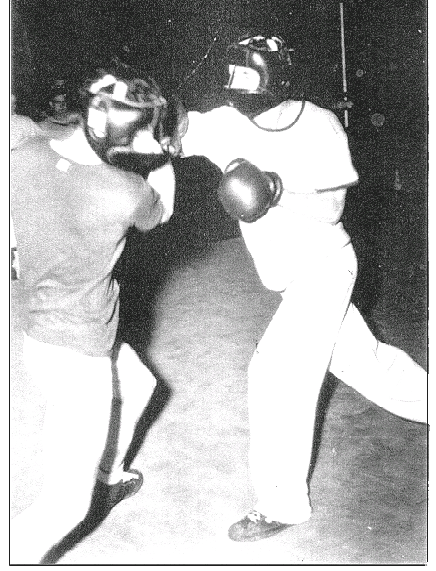 “George Sinkez (left) and Bob Abels boxing in Battalion sports.”