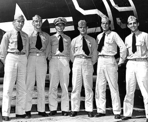 left to right:  Porter E. Clemens, Charles McDowell, Ray E. Demming, Jr., Ken 	Beckman, Joe Sherin, and Jack E. Speiser missing: 	Ralph Bennie. He was flying AD-4 Skyraider in backgound