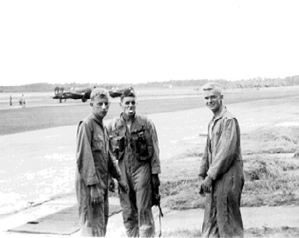 left to right: Richard Kapp, Robert J. Ceremsak, and Gordon E. Strickland, Jr.    Bronson Field, Florida        (photograph from Ralph Tvede)      May 1950