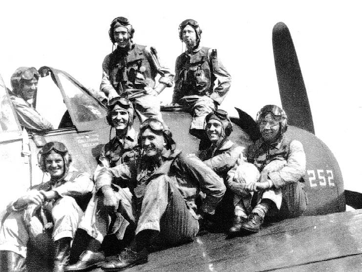 Advanced flight training in F6F Hellcats just before carrier training and Naval Aviator designations.        top row (left to right):	LT Hal Avants (instructor) in cockpit, killed in aerial accident off San Diego, California in 1950  		Flying Midshipman Robert S. Hamilton, retired TWA pilot  	Flying Midshipman Leo Franz, missing in action (MIA) over Korea and presumed killed in action (KIA)    middle row (left to right):	Flying Midshipman William Quarg, retired as Captain, USN  	Flying Midshipman Hal Marr, retired as Captain, USN and a MiG killer over Viet Nam  	Flying Midshipman Robert Horton, retired TWA Captain    lower row (left to right):	LTjg Lee Zeni, US Naval Academy graduate, retired CDR, USN  	LTjg Dave Barksdale, US Naval Academy graduate, retired CDR, USN 1948