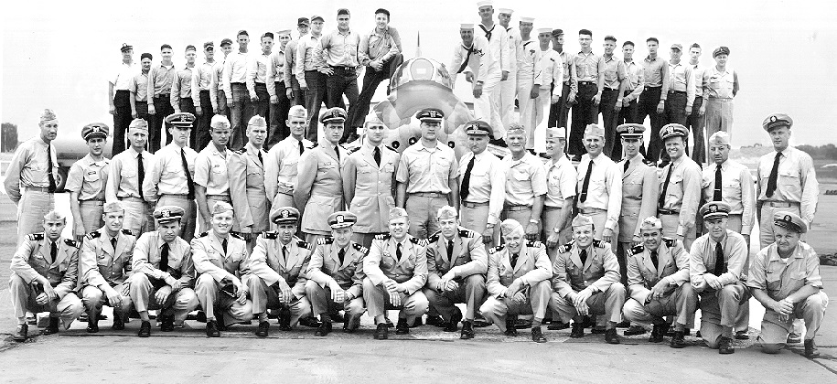 VF-725 NAS Glenview, IL. (ex) Aviation Midshipmen – bottom row (from left): LT William Sonneman, LT Thomas G. Workinger  (ex) Aviation Midshipmen – bottom row, 5th from left: LT Robert R. Thompson  (ex) Aviation Midshipmen – bottom row 4th from right: LCDR Richard Forward  (ex) Aviation Midshipmen – middle row: 9th from left: LT Ralph McQueen. July 9, 1960