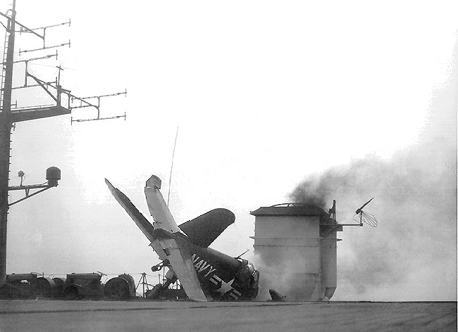 VF-32 - Crash of F4U-4    Pilot   ENS G. J. Mischke - VF-32 aboard USS Cabot (CVL-28)              (photograph from Bill Koenig)    October 23, 1952    (#2)