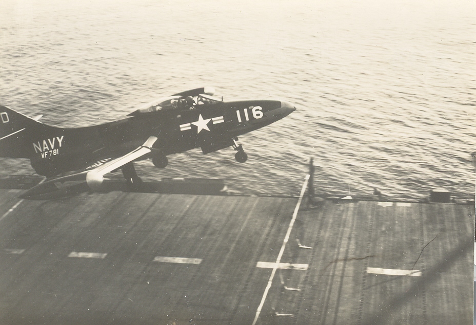 F9F-2 (VF-781) 'weak-engine' wave-off (BHR 1951) - he made it.