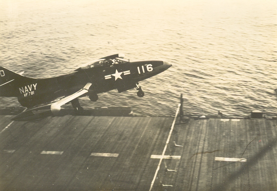 F9F-2 wave-off. Jack Dewenter, VF-781 on the Bon Homme. 1951.