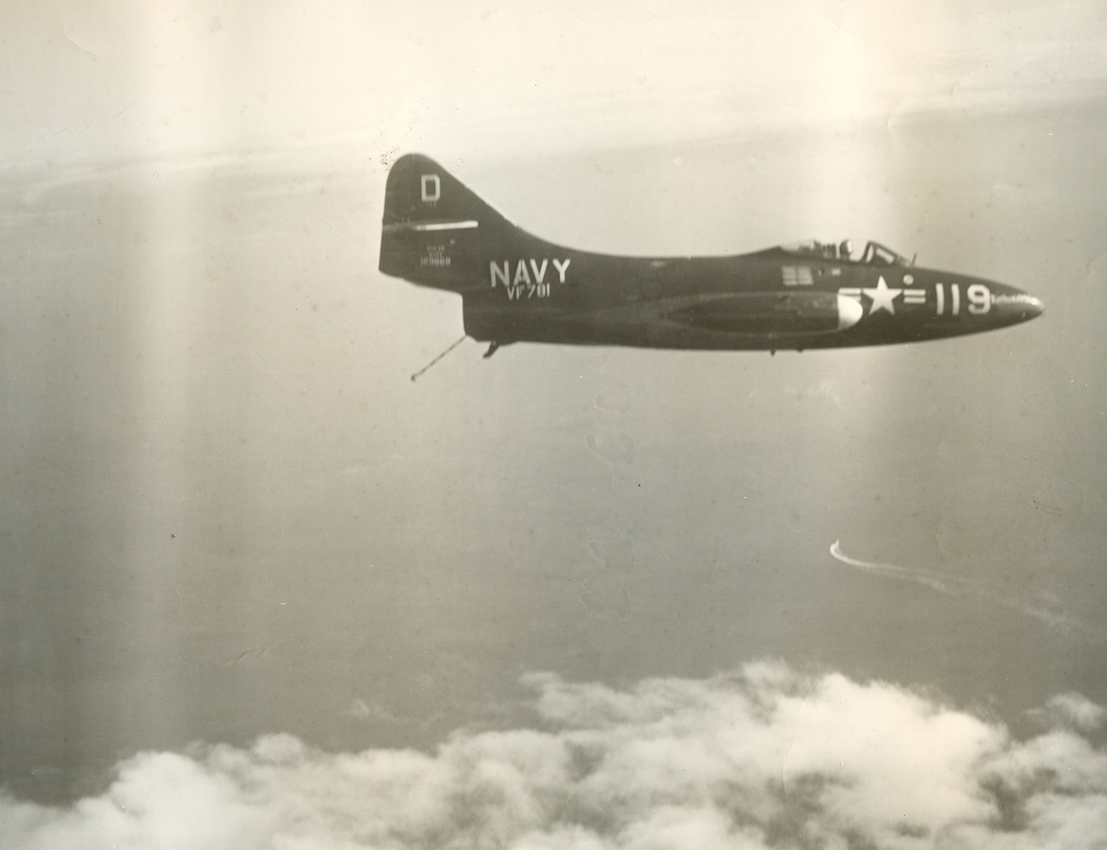 VF-781 F9F-2B approaching TF-77 for landing (tailhook down), off North Korea 1951