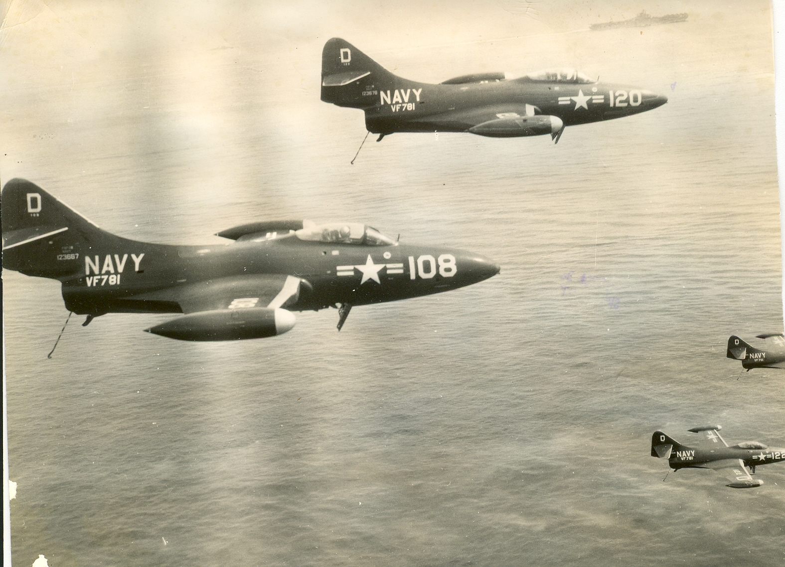 VF-781 F9F-2s returning to Bon Homme from recco hops, 1951