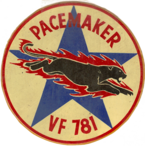 Vintage circular emblem featuring a blue star and a black panther with red flames. The text PACEMAKER arches across the top, and VF 781 is displayed at the bottom.