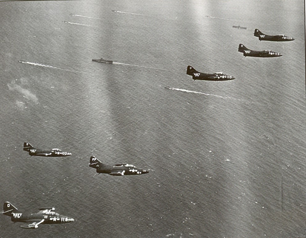 [airceaft] F9F-2s over TF-77 - Note two CVs - TF-77 (1951)