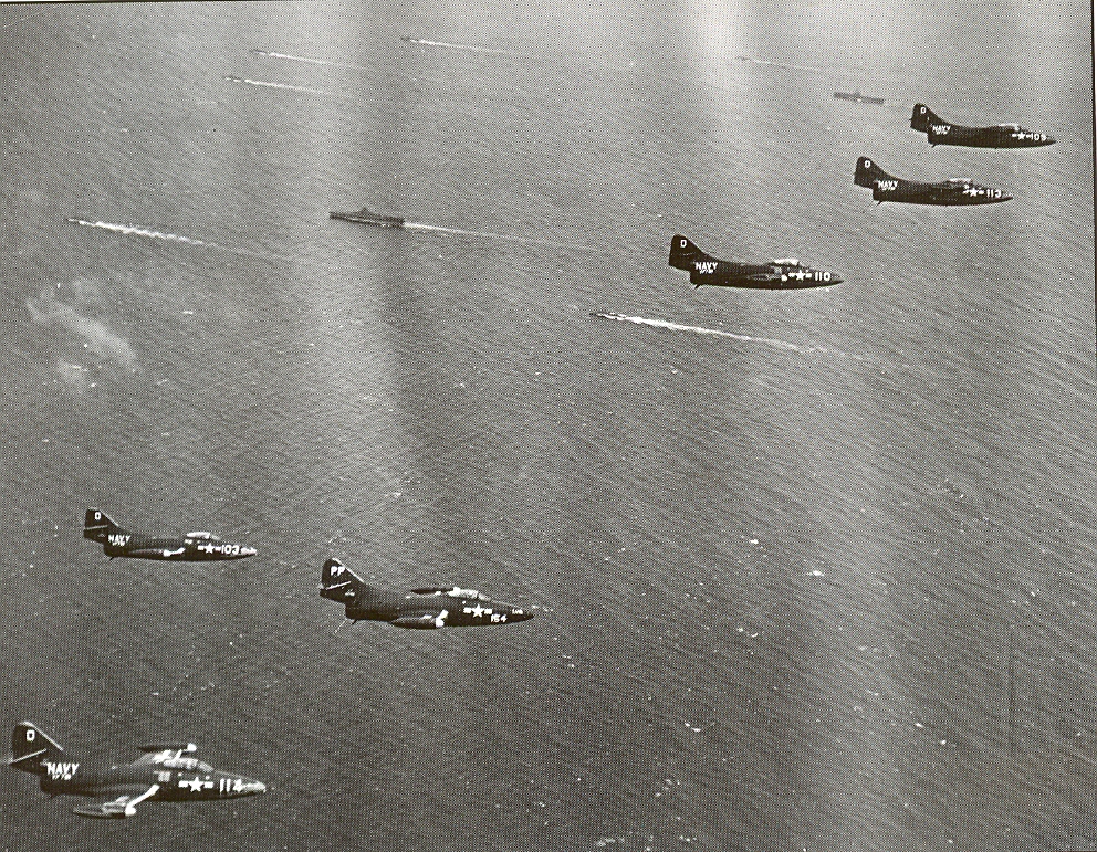 [aircraft] VF-781 F9F-2s return to Bon Homme. 'PP' is photo plane with escorts. 1951