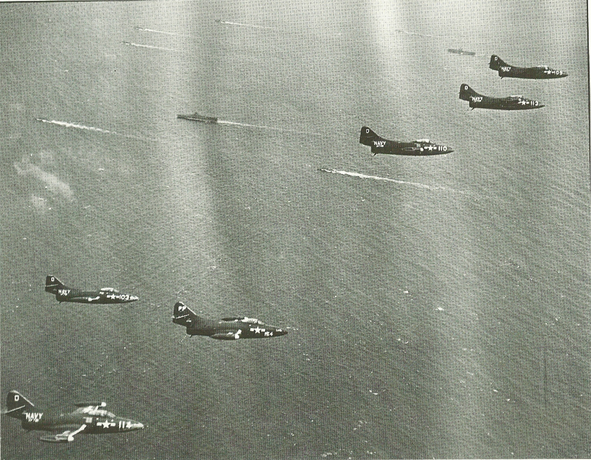 [aircraft] VF-781 F9F-2s return to TF-77 from North Korea - 1951. Note two CVs.